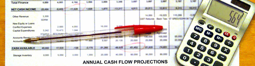 An annual cash flow spread sheet, calculator and red pen