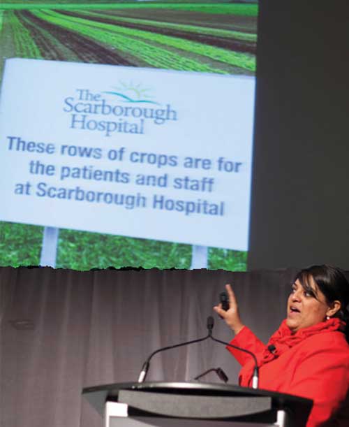 Scarborough Hospital Chef Joshna Maharaj said that the allocated cost for a day of hospital patient meals is $7.33 with 40% returned uneaten. Using local foods (such as from The New Farm above) resulted in a cost increase of 33¢ with very little returned. — Image from Renee Suen